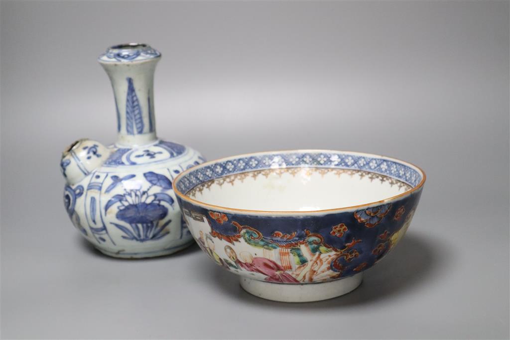 A Chinese late Ming blue and white kendi and an 18th century Chinese Mandarin bowl, bowl 20cm diameter